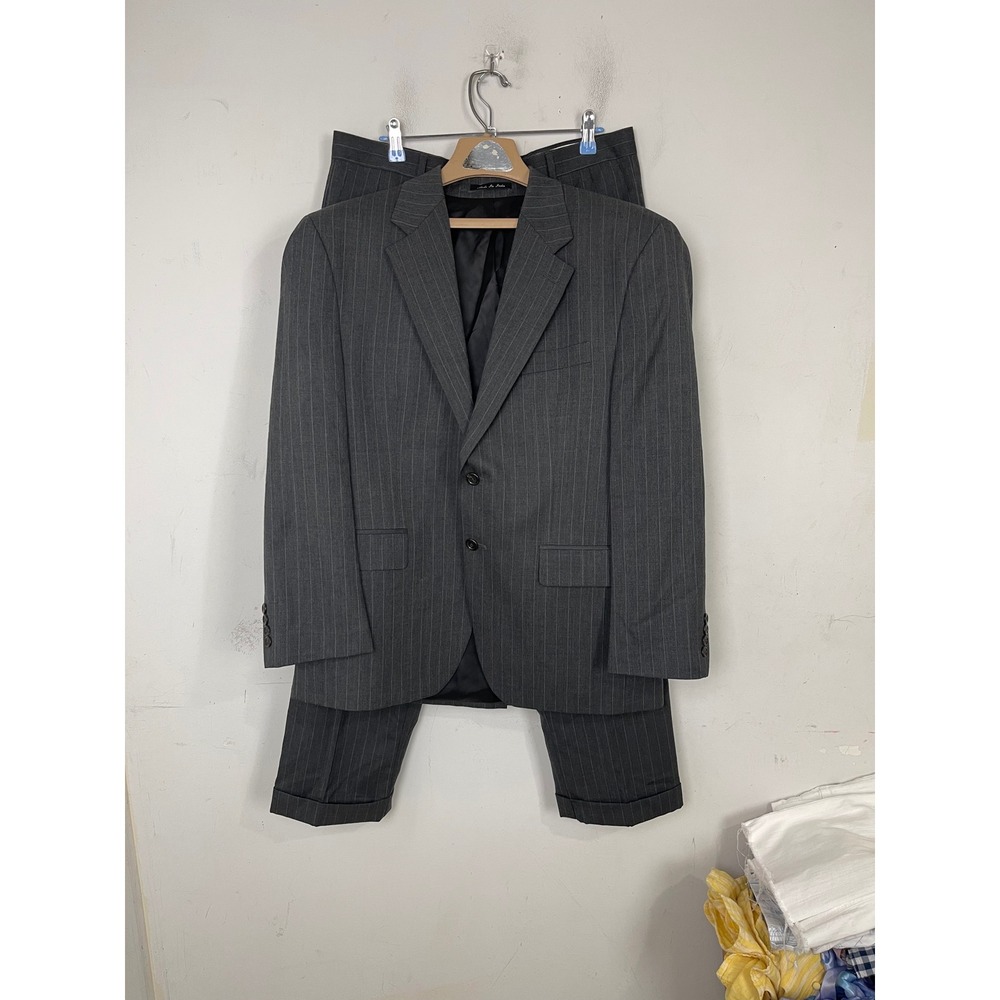 Chaps Mens 100% Wool Pinstripe 2 Piece Suit Charcoal Grey 40S 33W x 30L